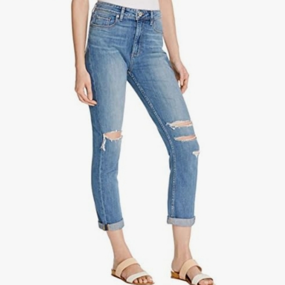 PAIGE Medium Blue Distressed Straight Leg Jeans